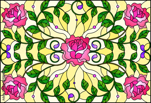 illustration-in-stained-glass-style-with-pink-roses-branches-on-yellow-background-rectangular-image