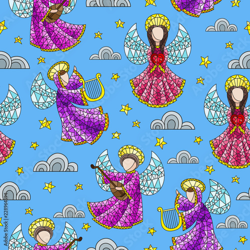 seamless-background-with-stained-glass-angels-clouds-and-stars-on-blue-background