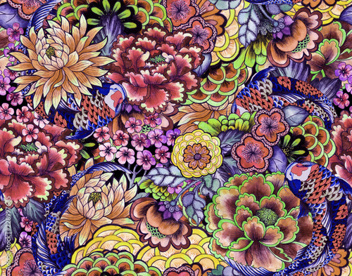 Seamless asian traditional patterns. Japanese painted flowers peonies, chrysanthemums, dahlias © Арина Трапезникова