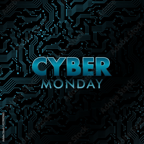 Holographic Cyber Monday banner. Circuit board pattern with blue neon texture. Vector illustration.