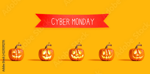 Cyber Monday with orange pumpkin lanterns with a red banner