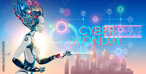 Cyborg woman show hologram with text cyber monday and icons online internet store. Robot advertising event sale promotion banner of e-commerce.