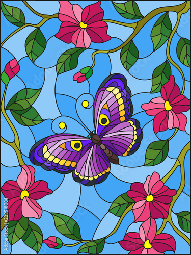 illustration-in-stained-glass-style-with-a-bright-butterfly-on-a-background-of-flowers-and-sky