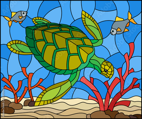 illustration-in-stained-glass-style-with-sea-turtle-on-the-seabed-background-with-algae-fish-and-stones