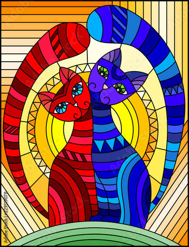 illustration-in-stained-glass-style-with-a-pair-of-abstract-geometric-cats-on-a-orange-background-with-sun