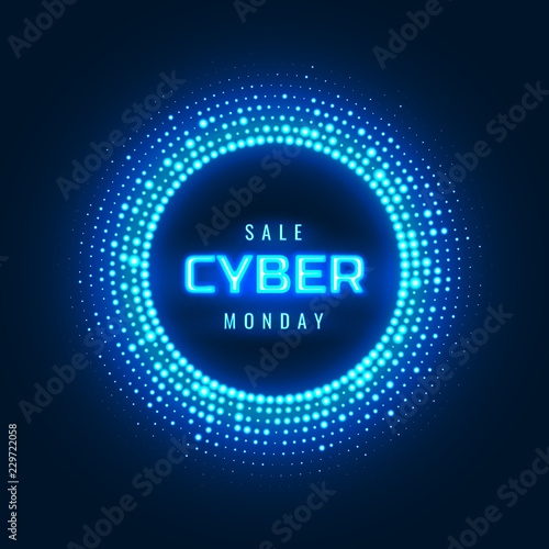 Cyber Monday concept banner with neon glowing halftone circle. Luminous cyber design element. Vector futuristic promotional background