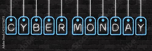 Vector realistic isolated neon sign of Cyber Monday logo for decoration and covering on the wall background. Concept of electronics market, sale and discount.
