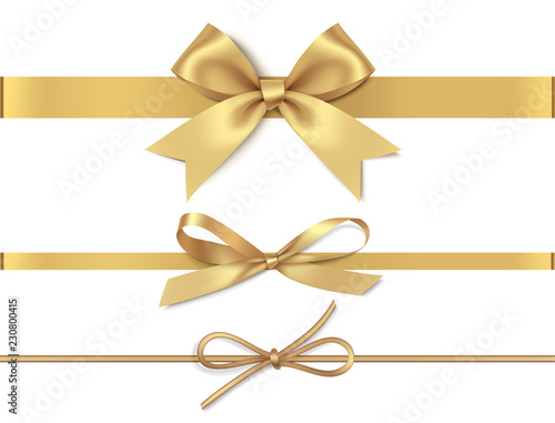 Set of decorative golden bows with horizontal yellow ribbon isolated on white background. Vector illustration © Gizele