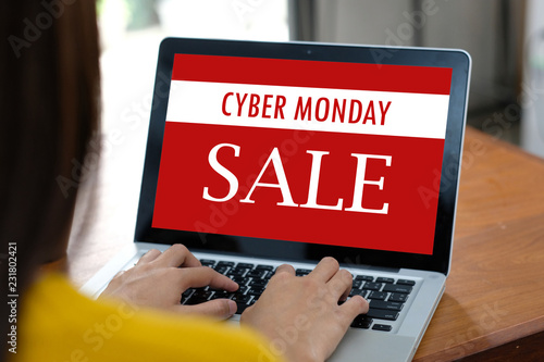 Woman hands typing laptop computer with www. on search bar over cyber monday sale banner background, Online shopping, business and technology