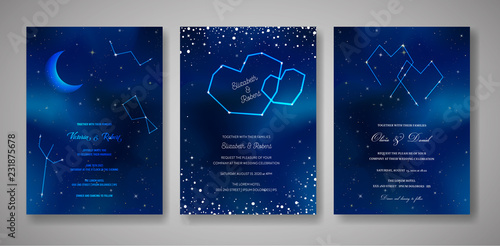 Set of Starry Night Wedding Invitation Cards, Save the Date Celestial Template of Galaxy, Space, Stars, trendy Sky Illustration in vector