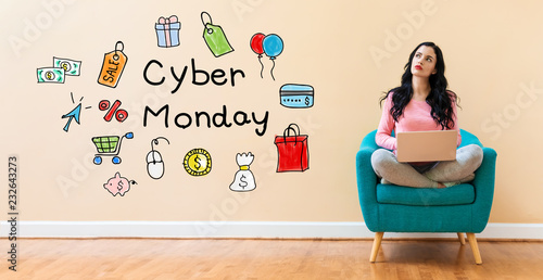 Cyber monday with young woman using a laptop computer