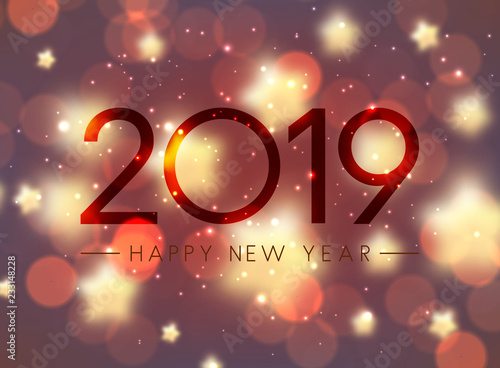 Shiny bokeh Happy New Year 2019 greeting card. © Vjom