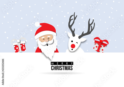 paper art of Christmas Festival Card with Santa Claus and white reindeer on Snow Background and Abstract Design vector © titaporn