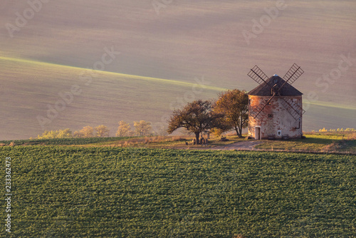 Landscape with waves hills, autumn fields with mill. South Moravia © kabat