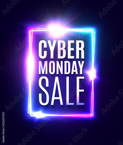 Cyber Monday sale text in neon laser rectangle background. Shining square sign on dark blue backdrop with explosion firework. Banner or flyer design template. Light vector illustration.