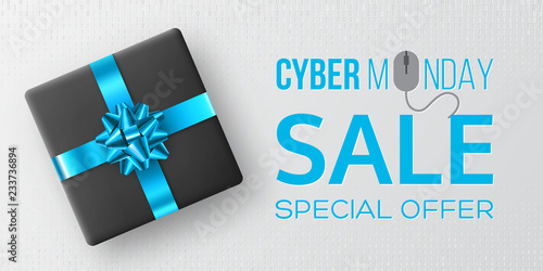 Cyber monday sale horizontal poster or banner for seasonal discounts. Black box with realistic blue bow on code background. Sale concept. Vector illustration.