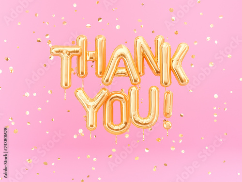 Thank You text gold foil balloons on pink background, 3d rendering © vpanteon
