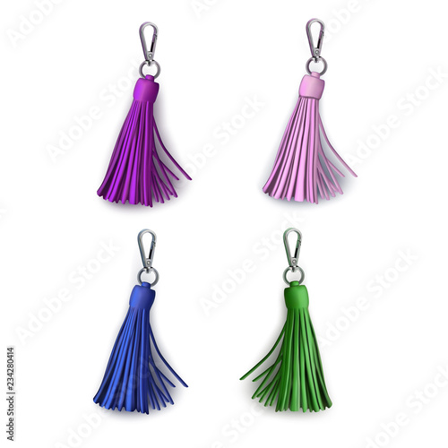 Fittings for women's handbag. Decorative pendant tassel. Magenta, pink, green, blue. © sveta