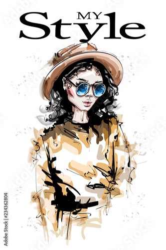 Hand drawn beautiful young woman in hat. Stylish elegant girl look. Fashion woman portrait. Sketch. © marisa__