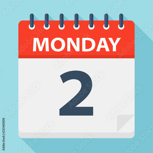Monday 2 - Calendar Icon. Vector illustration of week day paper leaf.