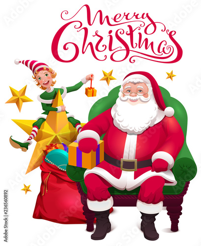 Merry christmas greeting card. Santa Claus is sitting in chair, assistant elf and an open bag with gifts © orensila