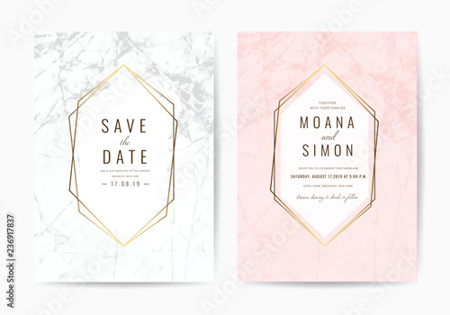 Luxury wedding invitation cards with rose gold and Pink marble texture, geometric shape vector design template