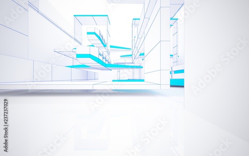 Abstract white interior highlights future. Polygon drawing and blue glossy lines. Architectural background. 3D illustration and rendering