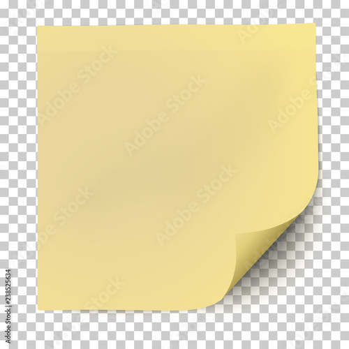 Office yellow paper sticker with curled the lower right corner and shadow isolated on transparent background. Template vector post note.