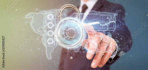 Man holding a padlock security technology interface 3d rendering