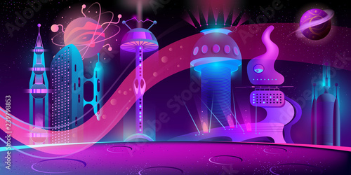 Vector concept background with futuristic city, alien civilization or colony in space. Fantasy cityscape in neon colors, panorama with fancy buildings, purple night sky with planets and stars