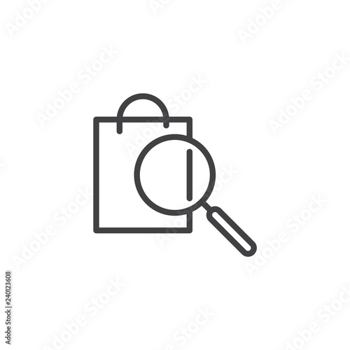 Product search outline icon. linear style sign for mobile concept and web design. Magnifying glass shopping bag simple line vector icon. Symbol, logo illustration. Pixel perfect vector graphics © alekseyvanin