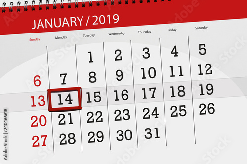 Calendar planner for the month january 2019, deadline day, 14, monday