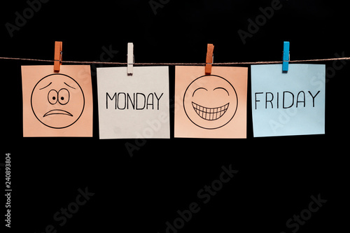 Copy space. Four stickers. Two emoticons and two inscriptions. Expression of frustration. Monday. Emotion of joy. Friday.