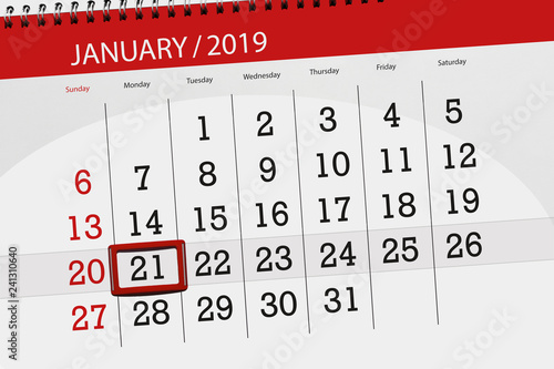 Calendar planner for the month january 2019, deadline day, 21, monday
