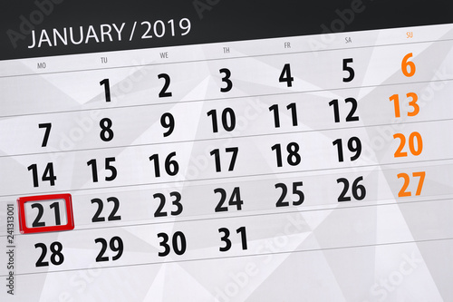 Calendar planner for the month january 2019, deadline day, 21, monday