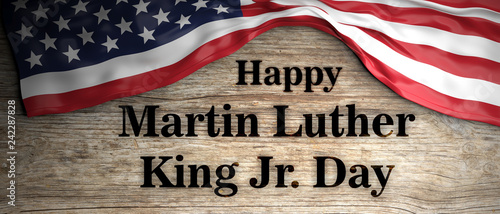 Happy Martin Luther King jr day. USA flag and text on wooden background. 3d illustration © Rawf8