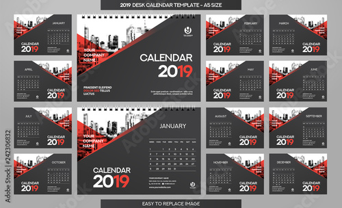 Desk Calendar 2019 template - 12 months included - A5 Size