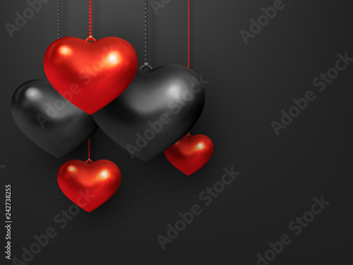 Black Background With Hanging 3d Metallic Red And Black Hearts