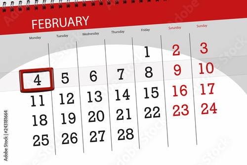 Calendar planner for the month february 2019, deadline day, 4, monday
