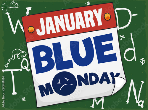 Blackboard with Variables for Blue Monday Equation and Loose-leaf Calendar, Vector Illustration
