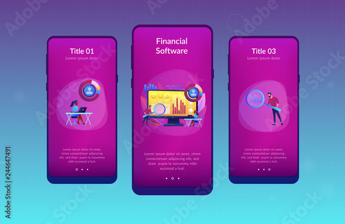 Data analyst oversees and governs income, expenses with magnifier. Financial management system, finance software, IT management tool concept. Mobile UI UX GUI template, app interface wireframe © VIGE.co