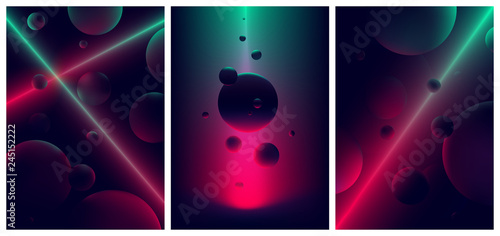 Neon laser line glow illuminates a spheres, Abstract background space and planet , Futuristic vector gradient poster in retro style © max_776