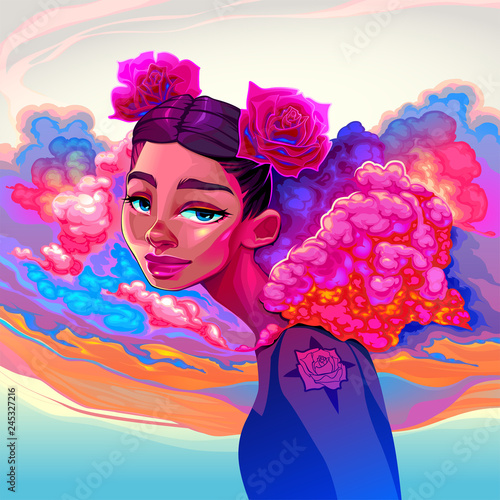 Beautiful girl with clouds and roses in the hair © ddraw