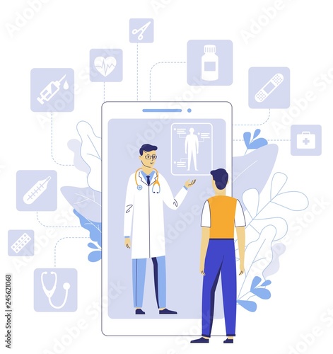 Online medical consultation concept. Young doctor man on the screen smartphone and patient standing together. Mobile app medicine. Consultation and diagnosis. © eve