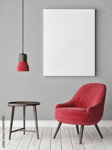 Mock up poster on gray wall, red modern furniture, minimal design, 3d render, 3d illustration © nikolarakic