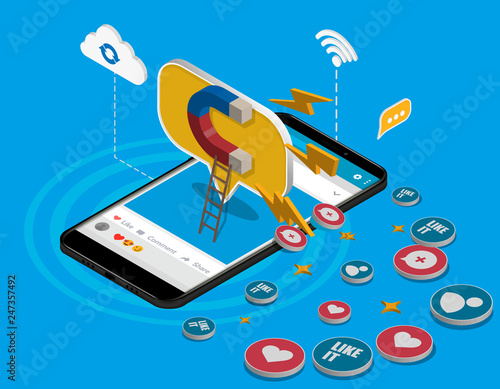 Influencer marketing concept with magnet in isometric style mobile app. Logo illustration. Eps10