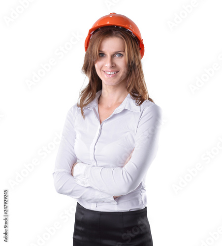 portrait of a young woman architect in the orange helmet © yurolaitsalbert