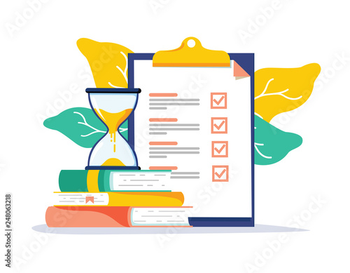 Exam preparation school test. Examination concept checklist and hourglass, choosing answer questionnaire form