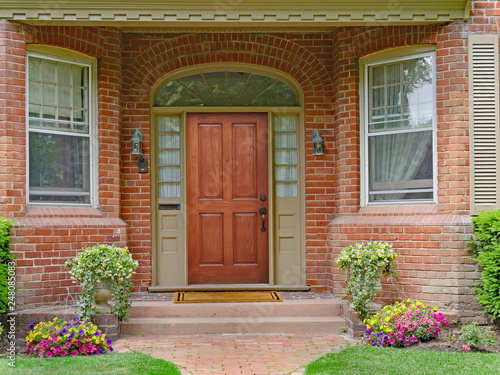 Brick House With Recessed Entrance And Elegant Wooden Front Door Brick House With Recessed Entrance And Elegant Wooden Front Door