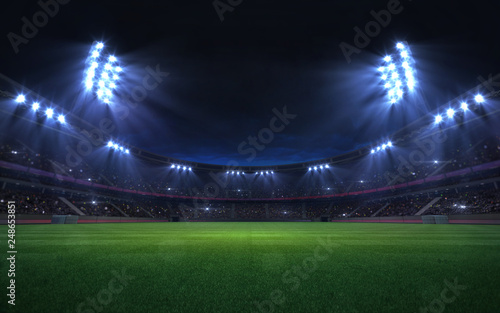 universal grass stadium illuminated by spotlights and empty green grass playground, grand sport building digital 3D background advertisement background illustration © learchitecto